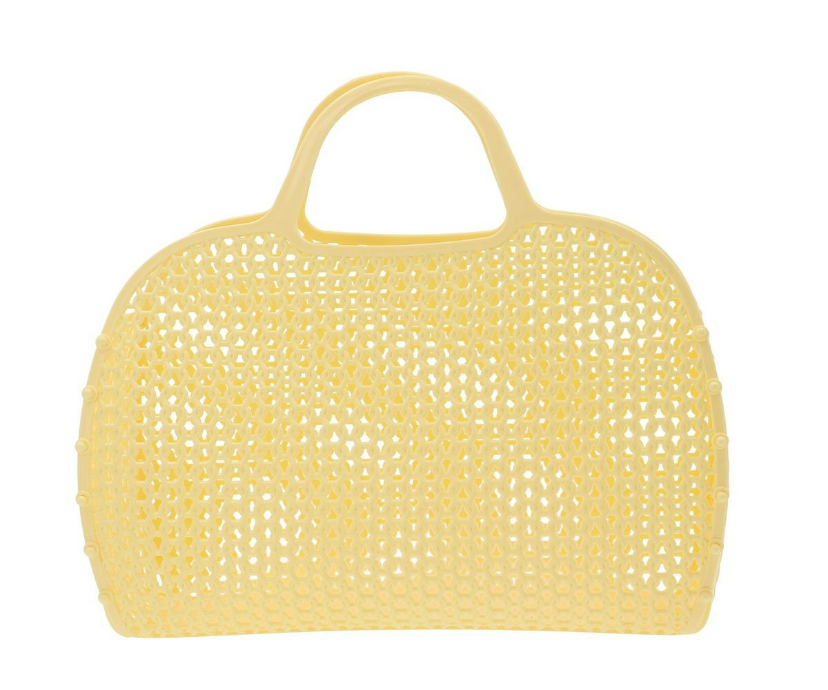 Citrongul retro strand väska i plast mesh med handtag