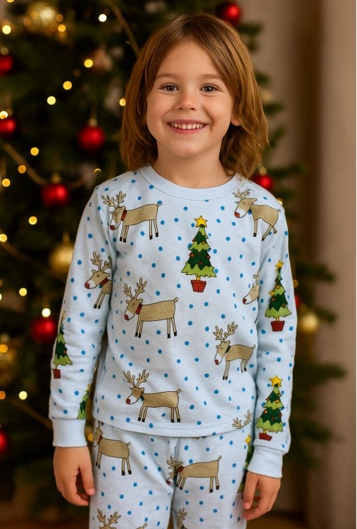 Pyjamas för barn 2-delad långärmad- med julmotiv -Renar  130/140cl Julpyjamas