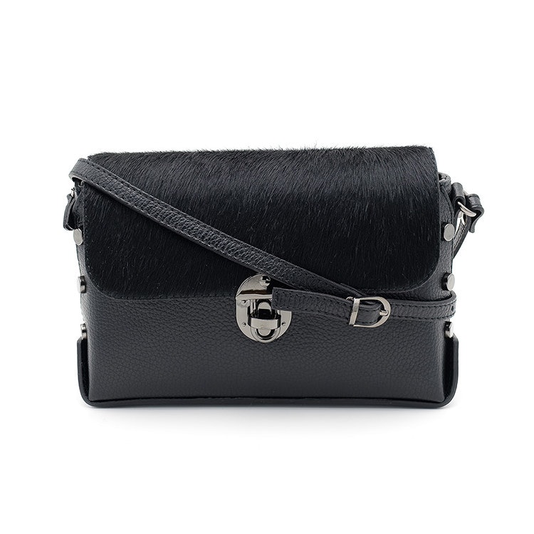 Black leather handbag with cowhide