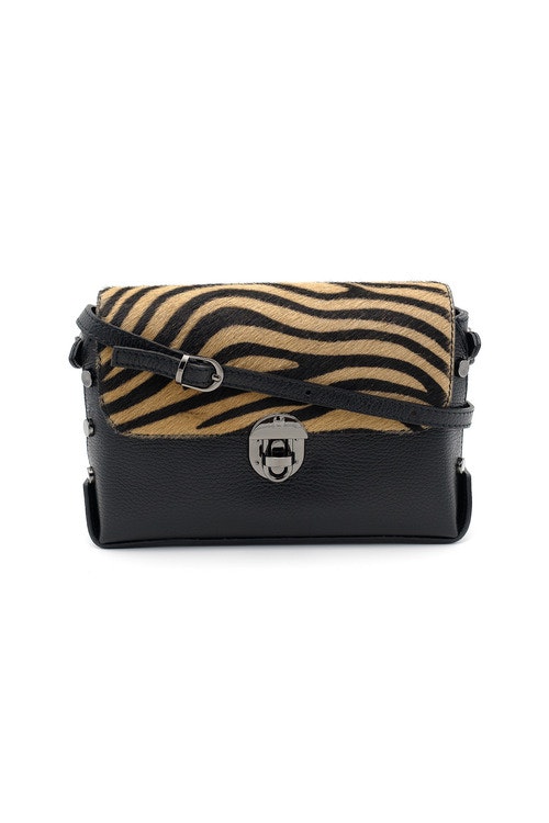 Black leather handbag with brown zebra printed cowhide