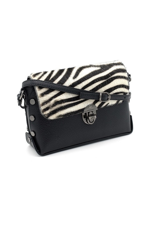 Black leather handbag with zebra print cowhide