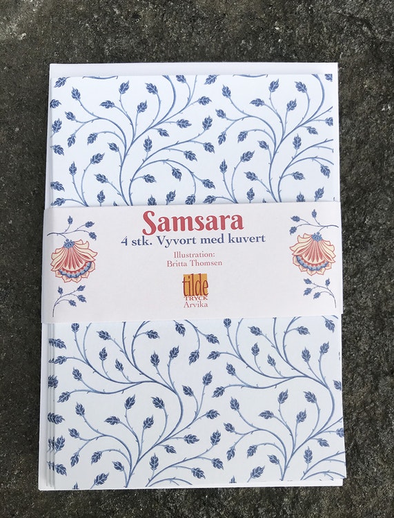 Samsara - blå blad - 4 st kort med kuvert