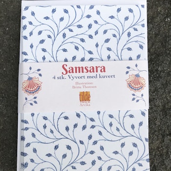 Samsara - blå blad - 4 st kort med kuvert