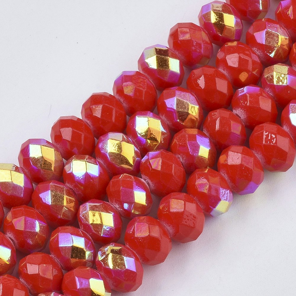 Glaspärlor, Rondeller, Halvt Elektropläterad, 8x6mm, Röd