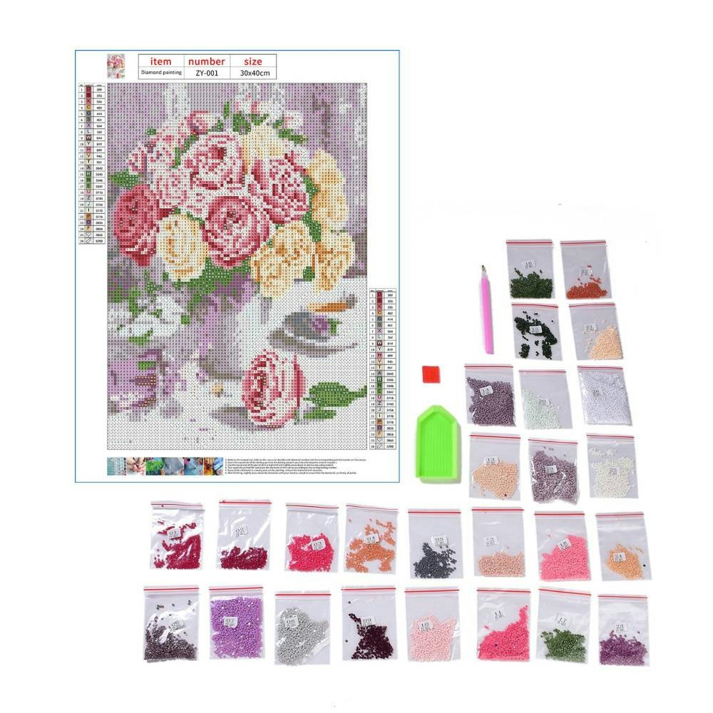 Diamond Painting Canvas, Blommor, Pink, 30x40cm