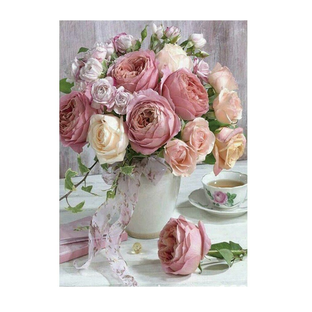 Diamond Painting Canvas, Blommor, Pink, 30x40cm