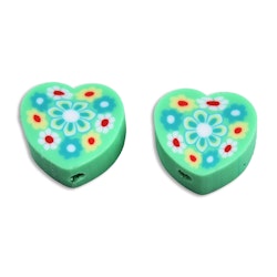 Polymerlerpärlor, Hjärta med blommor, Medium Aquamarine, 50st
