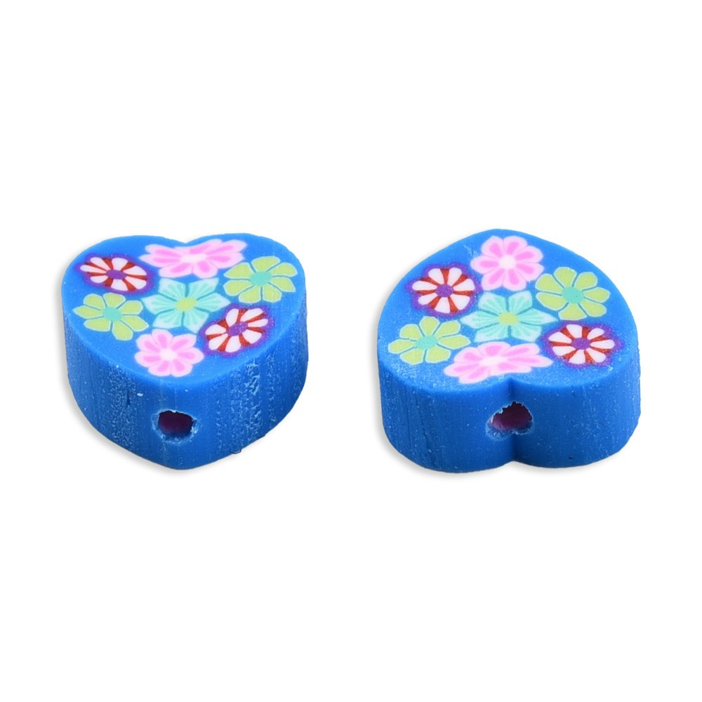 Polymerlerpärlor, Hjärta med blommor, Royal Blue, 50st