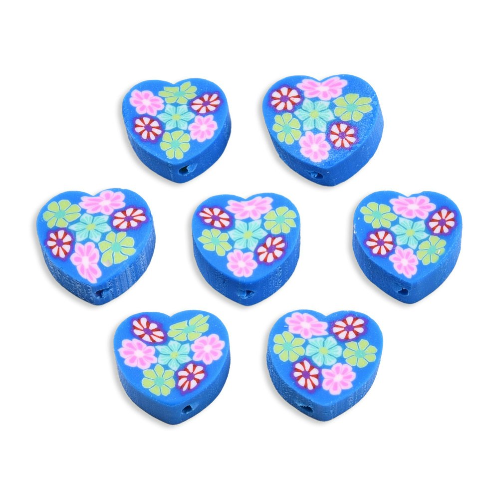 Polymerlerpärlor, Hjärta med blommor, Royal Blue, 50st