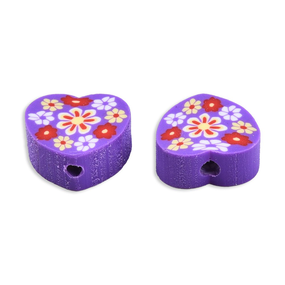 Polymerlerpärlor, Hjärta med blommor, Dark Violet, 50st