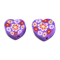 Polymerlerpärlor, Hjärta med blommor, Dark Violet, 50st