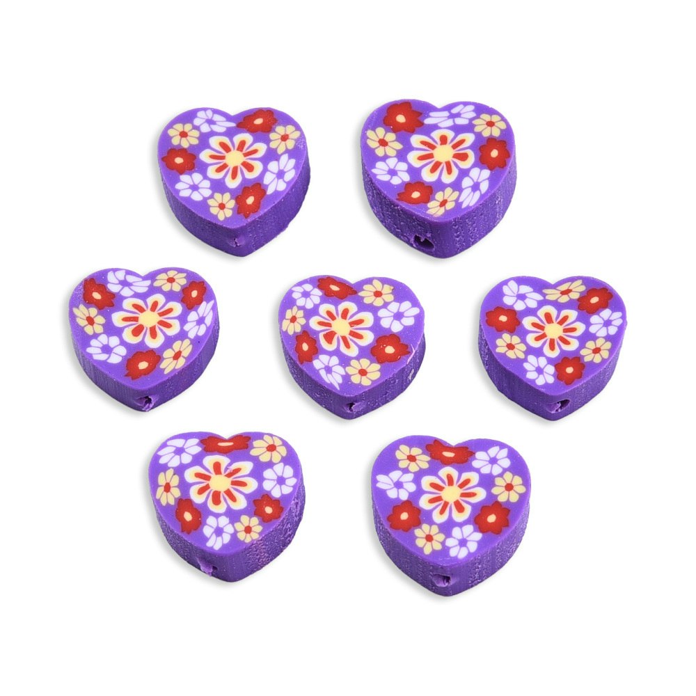 Polymerlerpärlor, Hjärta med blommor, Dark Violet, 50st
