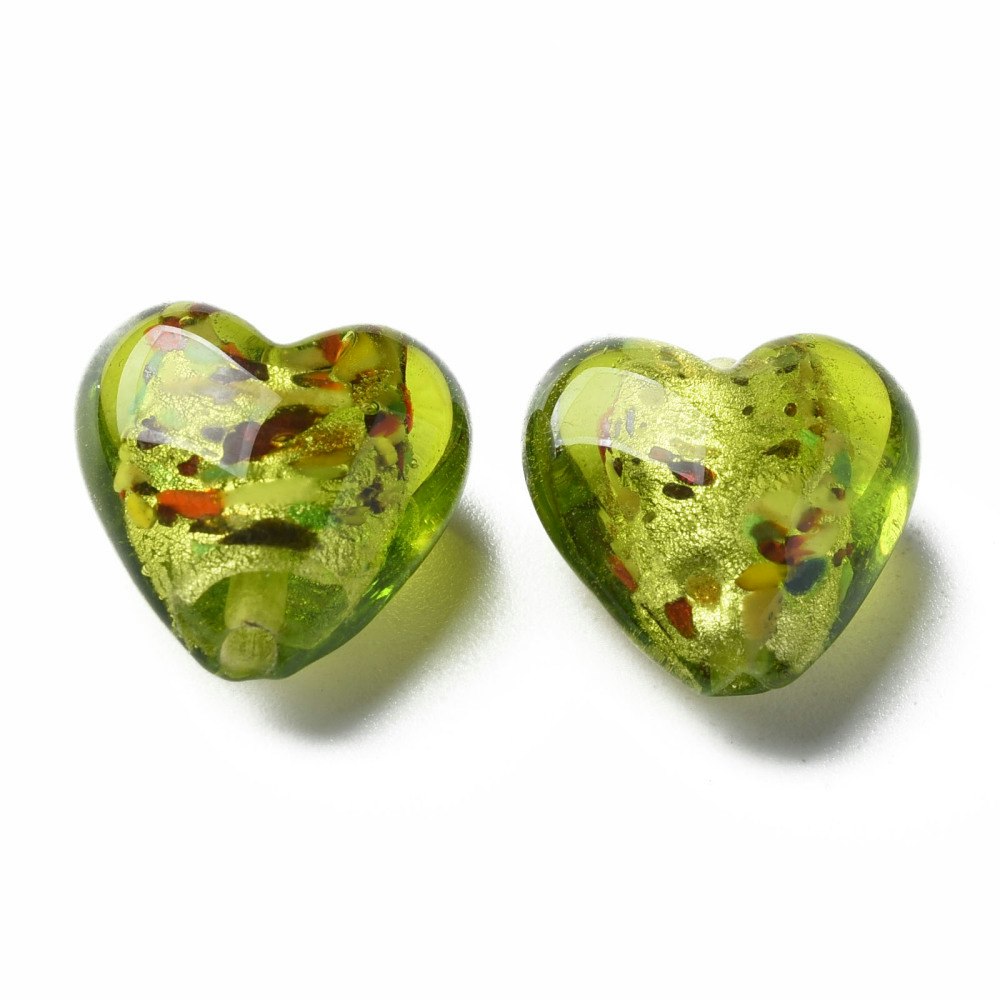 Lampwork, Glaspärlor, Hjärtan, 28st, Silver Foil, Green