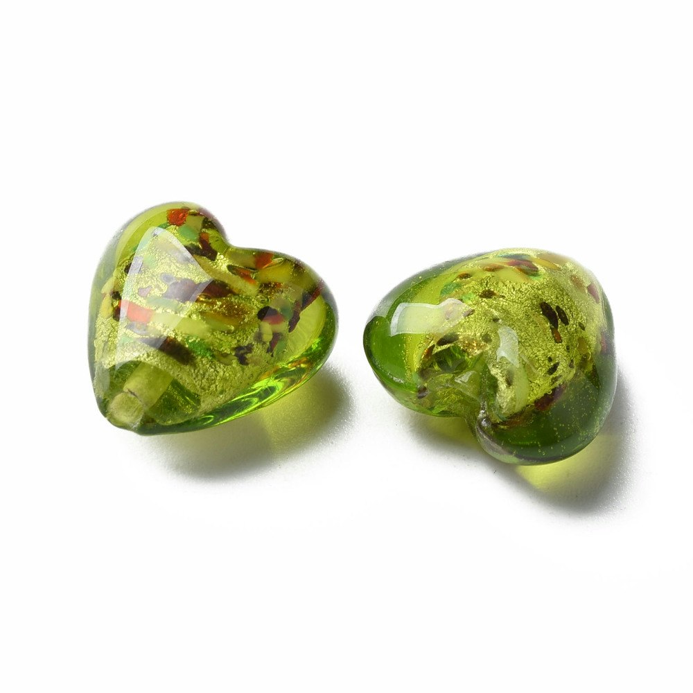 Lampwork, Glaspärlor, Hjärtan, 28st, Silver Foil, Green