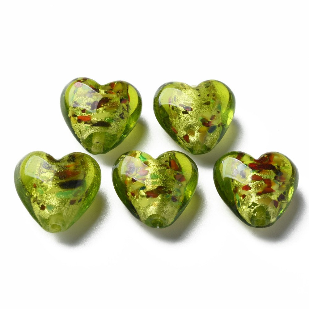 Lampwork, Glaspärlor, Hjärtan, 28st, Silver Foil, Green
