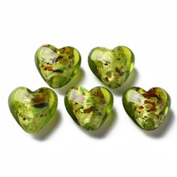 Lampwork, Glaspärlor, Hjärtan, 28st, Silver Foil, Green