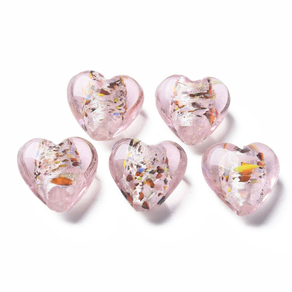 Lampwork, Glaspärlor, Hjärtan, 28st, Silver Foil, Pink