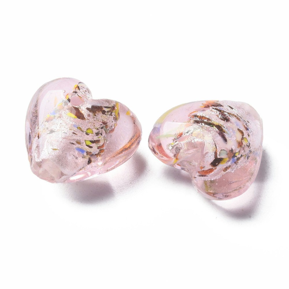 Lampwork, Glaspärlor, Hjärtan, 28st, Silver Foil, Pink