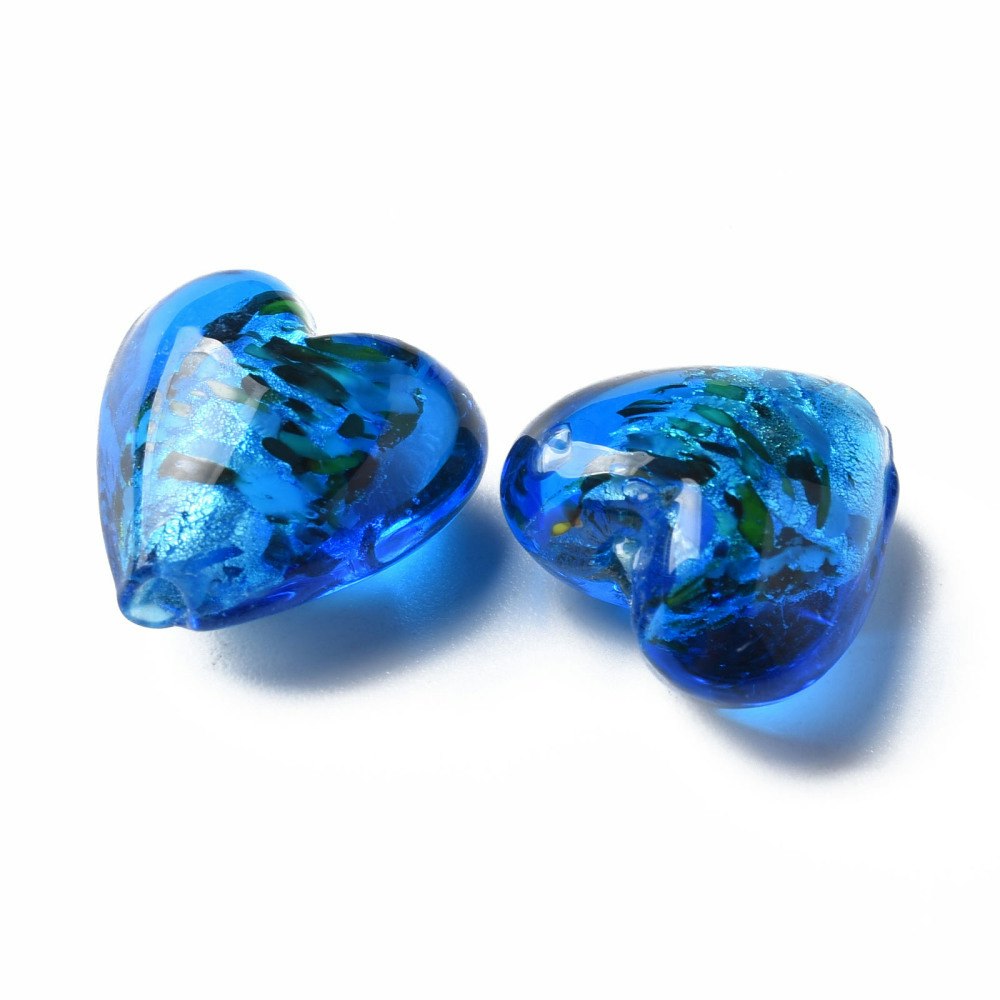 Lampwork, Glaspärlor, Hjärtan, 28st, Silver Foil, Blue