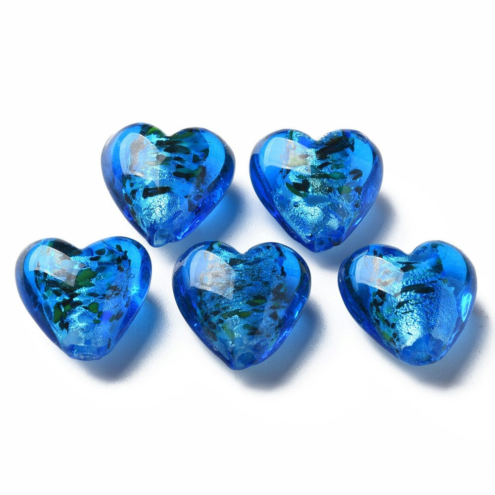 Lampwork, Glaspärlor, Hjärtan, 28st, Silver Foil, Blue