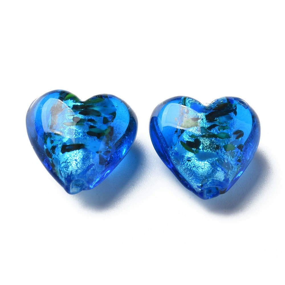 Lampwork, Glaspärlor, Hjärtan, 28st, Silver Foil, Blue