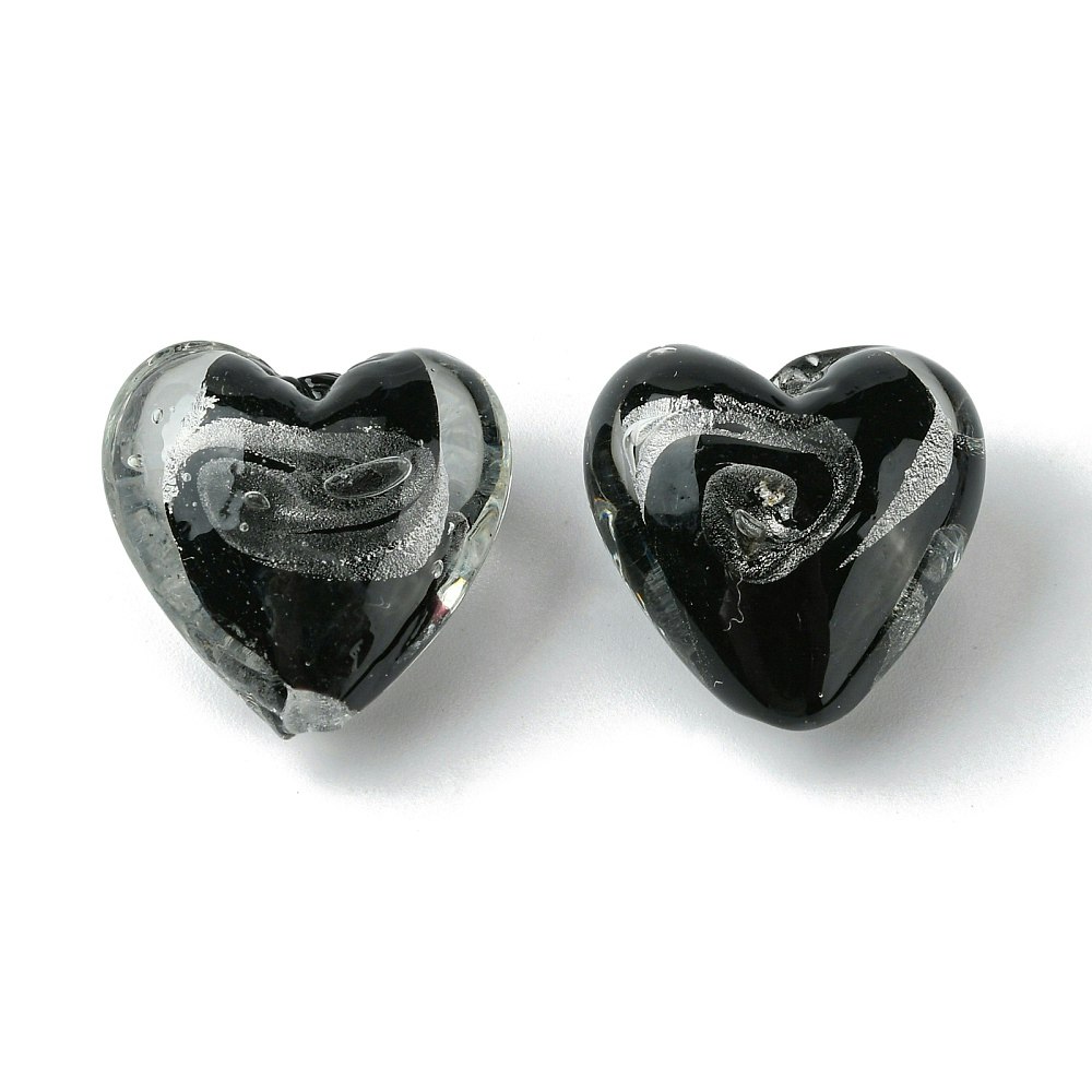 Lampwork, Glaspärlor, Hjärtan, 5st, Silver Foil, Black