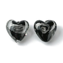Lampwork, Glaspärlor, Hjärtan, 5st, Silver Foil, Black