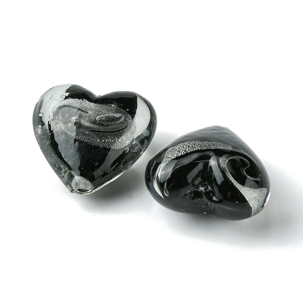Lampwork, Glaspärlor, Hjärtan, 5st, Silver Foil, Black
