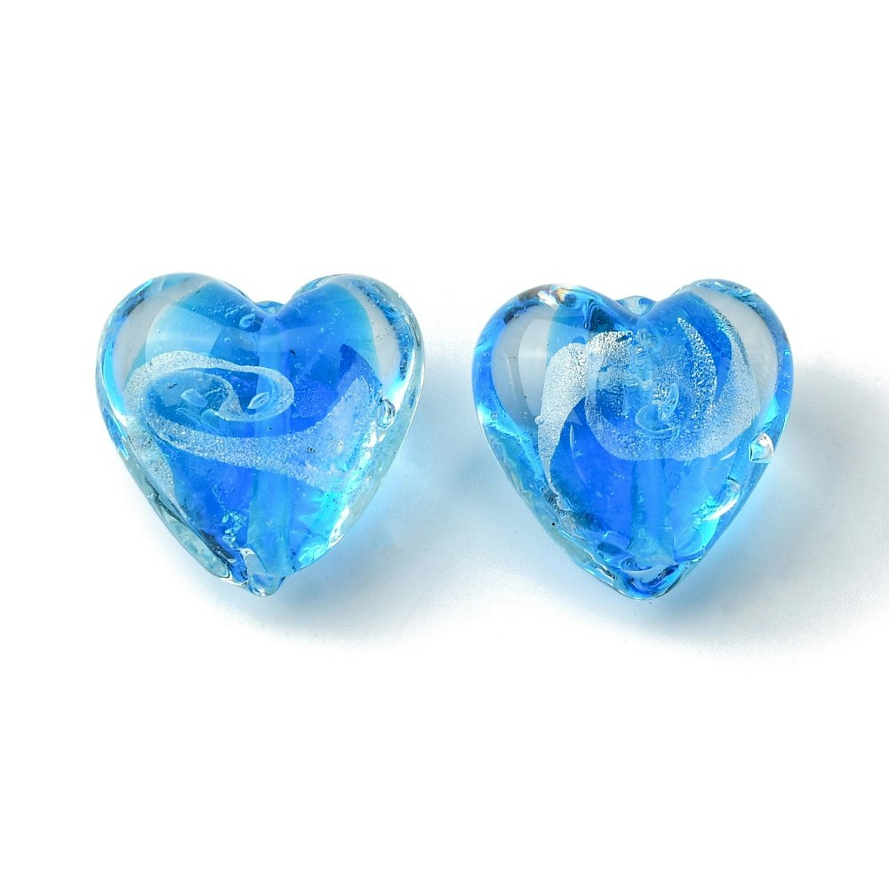 Lampwork, Glaspärlor, Hjärtan, 5st, Silver Foil, Dodger Blue