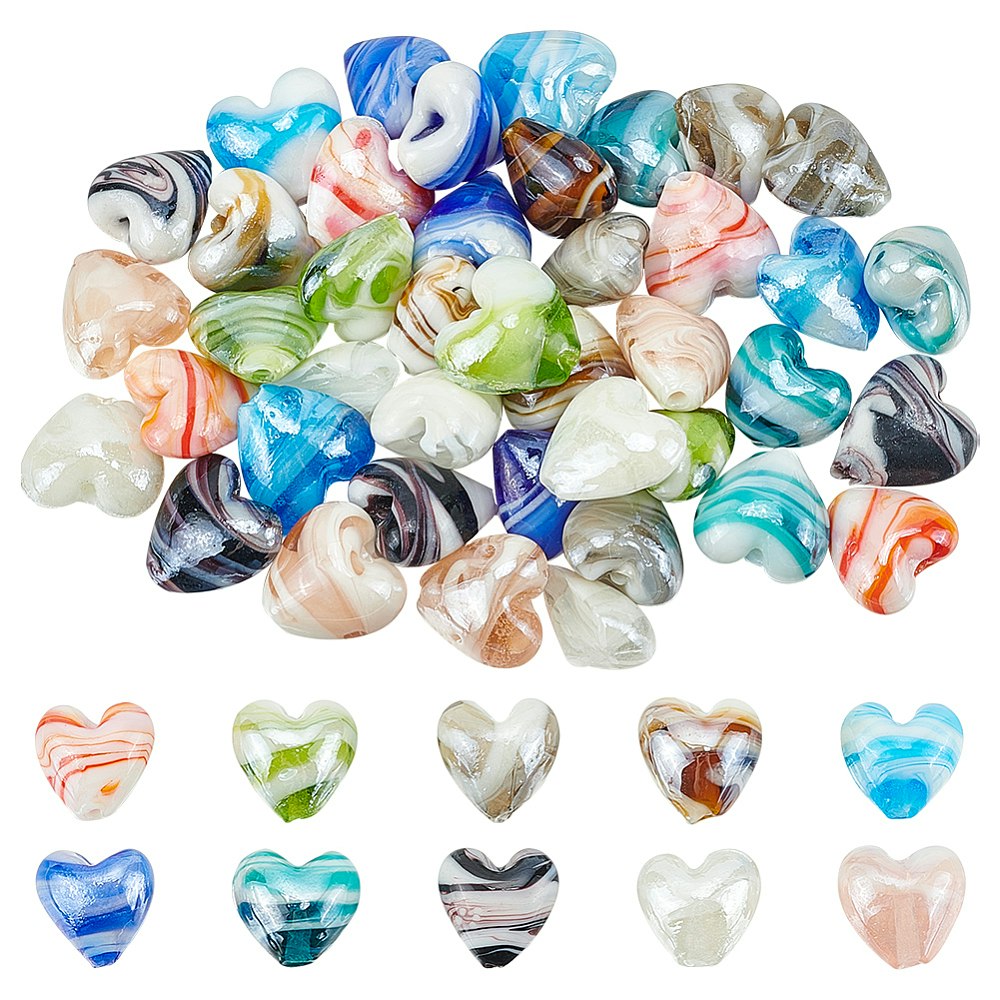 Lampwork, Glaspärlor, Hjärtan, 50st, 5st/färg