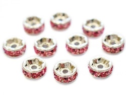 Silverfärgade rosa strassrondeller 6 mm, 10 st