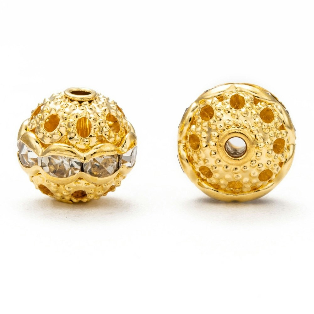 Guldfärgad metallpärla filigran med strass 10 mm, 1 st