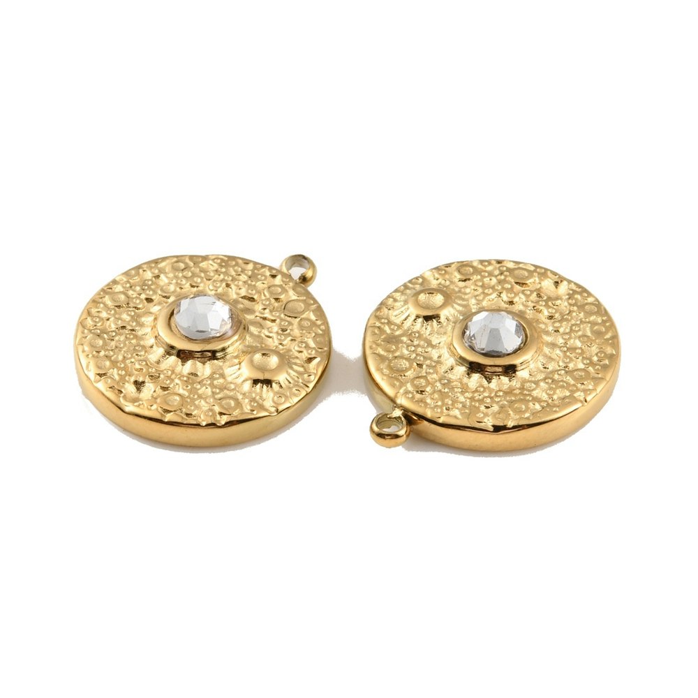 Guldfärgat rostfritt stål runt hänge med strass och sol, PVD plätering, 1 st