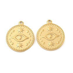Guldfärgat rostfritt stål hänge evil eye med PVD plätering, 1 st