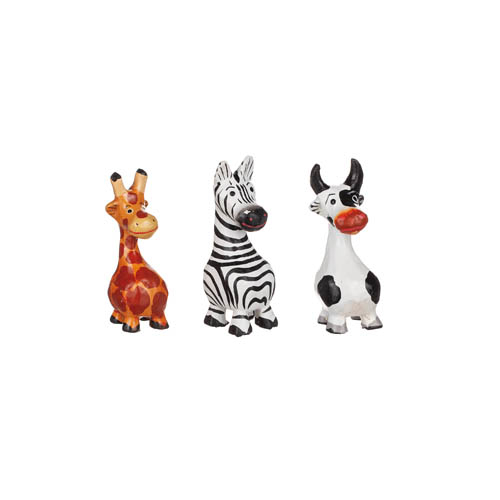 Små djur i trä - giraff, zebra och ko