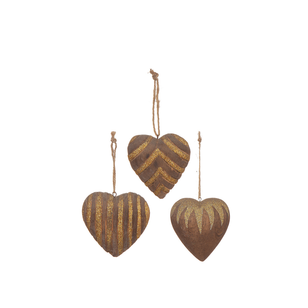 Hängande hjärta i brunt trä med mönster i guld