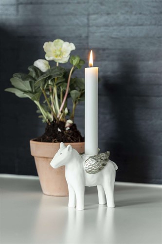 Ljusstake Häst, vit med silvervingar - Design Ruth Vetter
