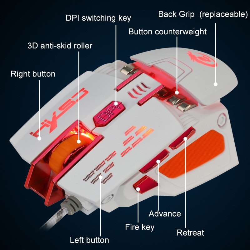 HXSJ X 200 7 knappar 4000 DPI LED  USB optisk spelmus vit