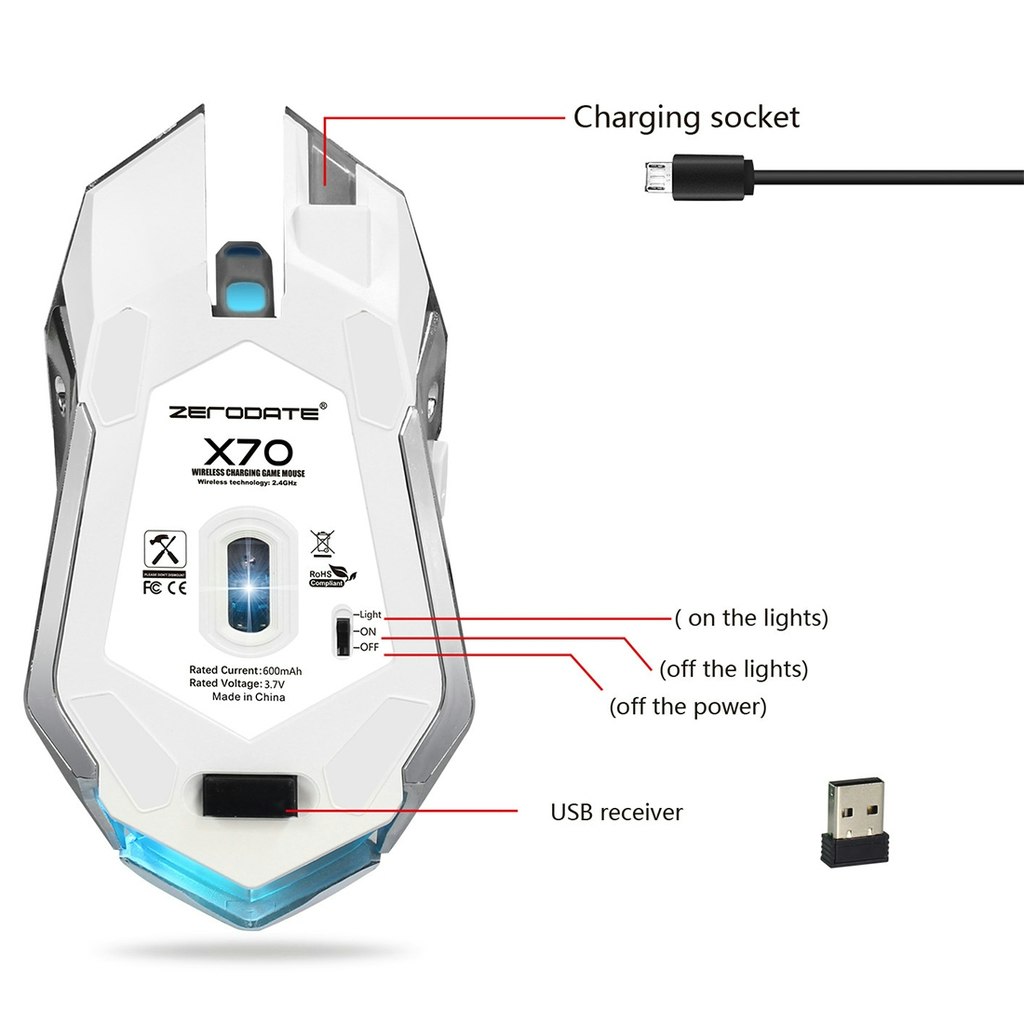 ZERODATE X70 2,4 GHz trådlös  2400 DPI optisk Gaming Mus LED vit