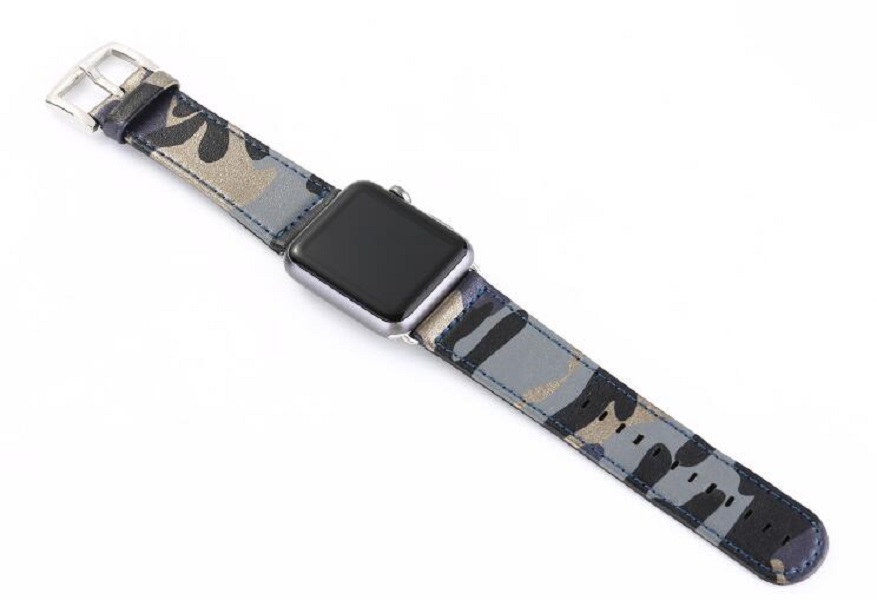 Kamouflage stil läderrem klockarmband för Apple Watch 42/44mm Grå/Svart/Guld