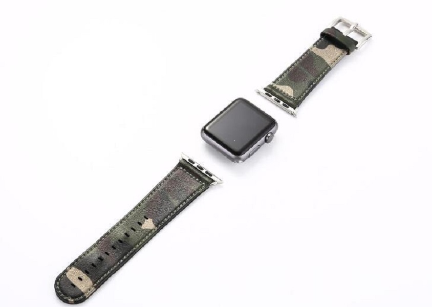 Kamouflage stil läderrem klockarmband för Apple Watch 42/44mm Grå/Svart/Guld