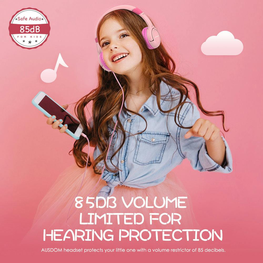 Ausdom K1 Kids hörlurar musikdelning 85dB volym begränsad 2-pack