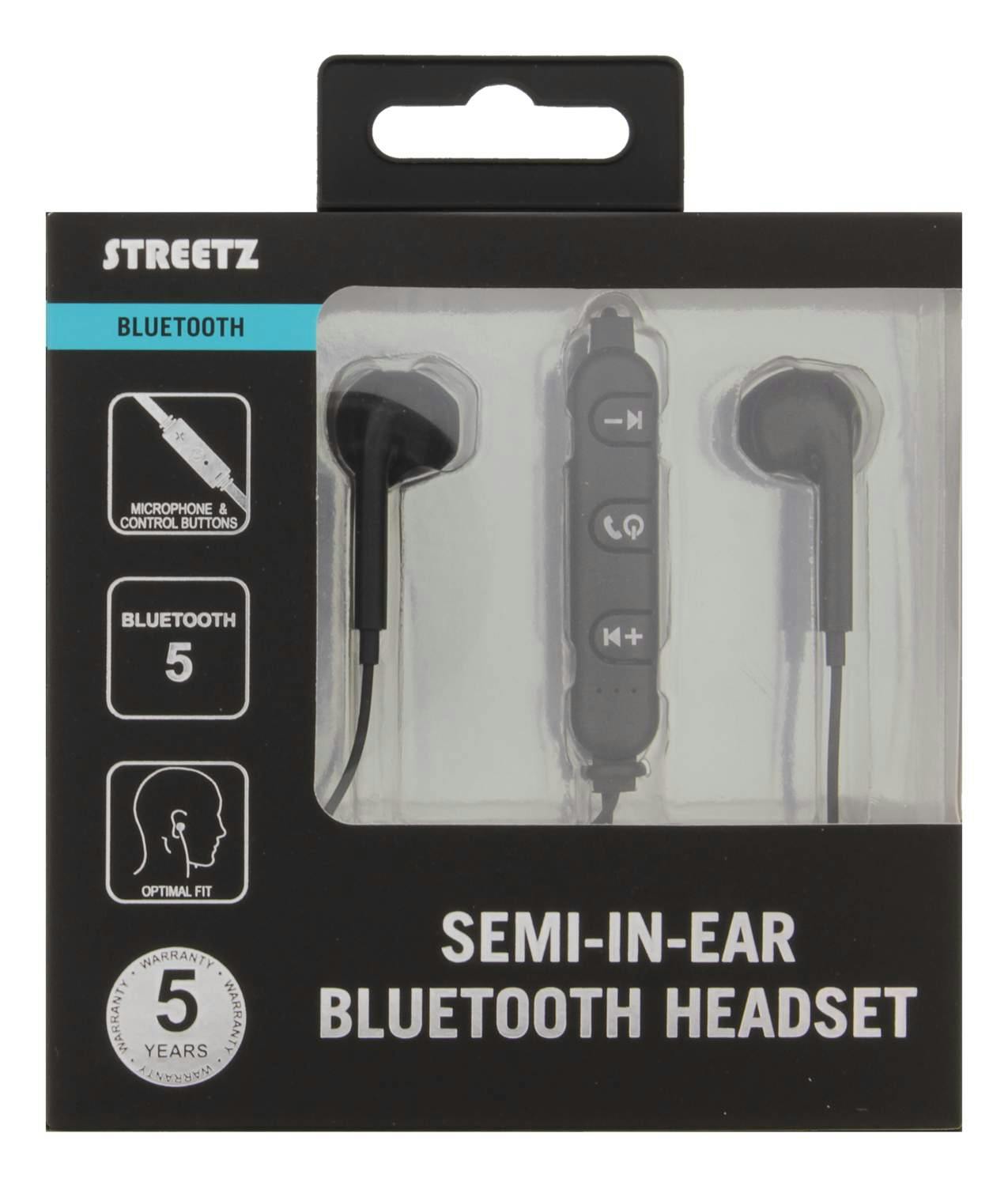 STREETZ Semi-in-ear Bluetooth 5,0 headset, optimal passform Vit