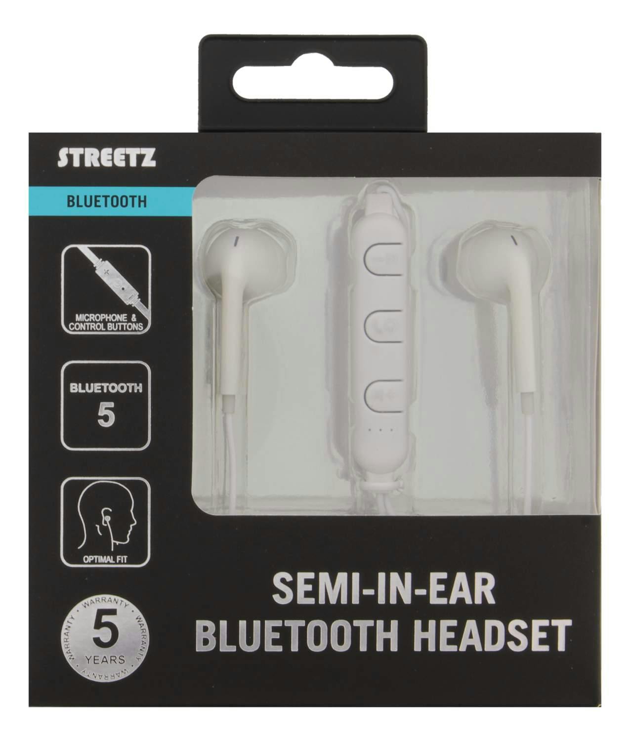 STREETZ Semi-in-ear Bluetooth 5,0 headset, optimal passform Vit - Prylar-se  / Fri Frakt / Snabba Leveranser