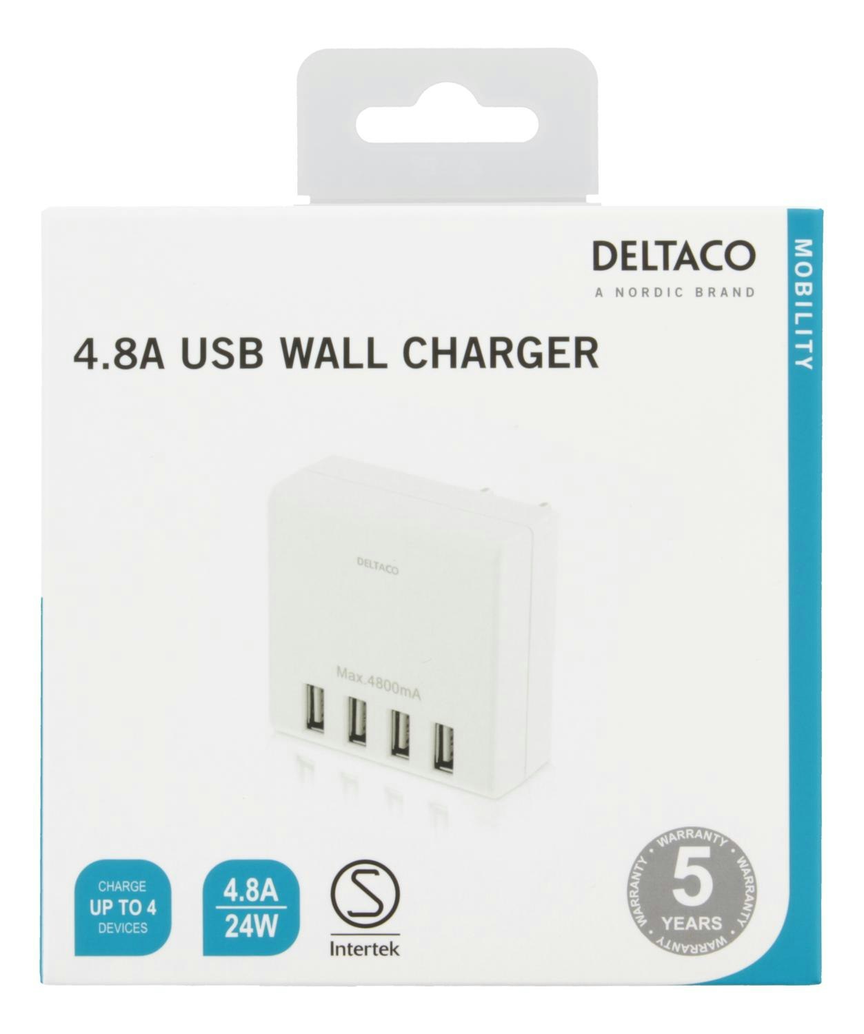 DELTACO Väggladdare, 230V till 5V USB, 4,8A, 4xUSB-portar, vit