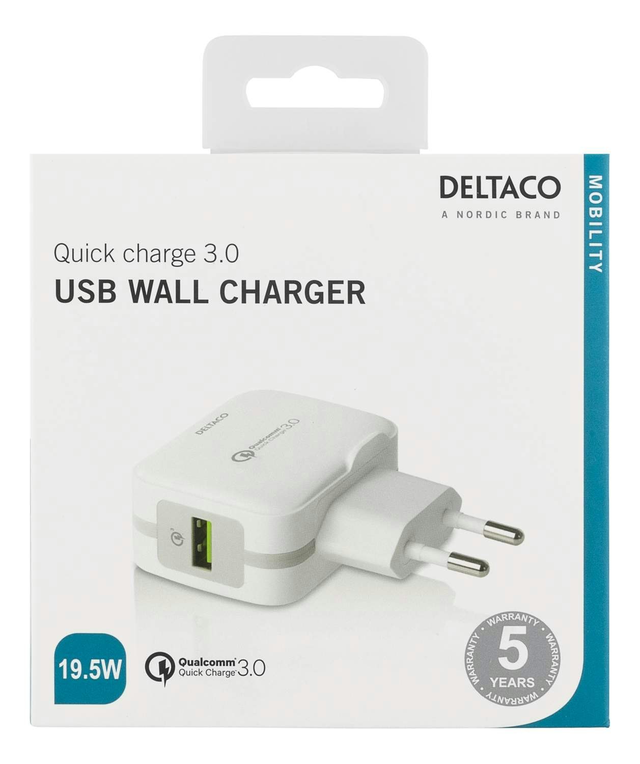 DELTACO Väggladdare USB, Qualcomm Quick Charge 3.0, 19,5W, vit