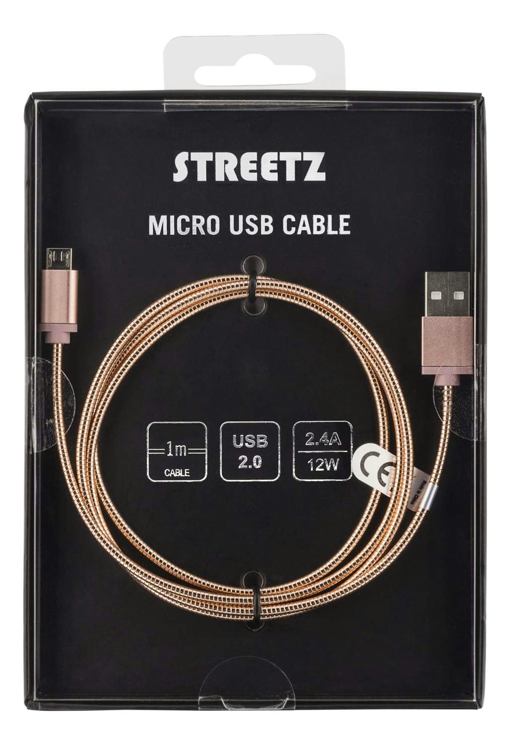 STREETZ USB-synk-/laddarkabel, metallklädd  Micro USB 1m