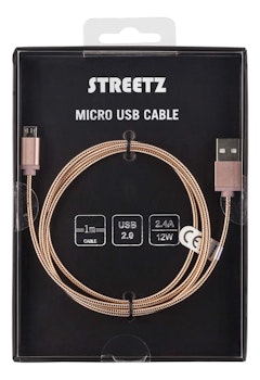 STREETZ USB-synk-/laddarkabel, metallklädd  Micro USB 1m