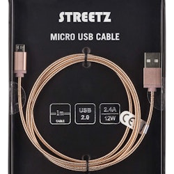 STREETZ USB-synk-/laddarkabel, metallklädd  Micro USB 1m