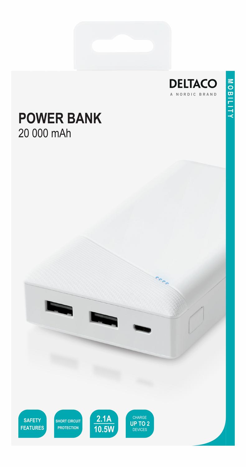 DELTACO Powerbank 20000 mAh, 2.1 A/10.5 W, 74 Wh, 2x USB-A,